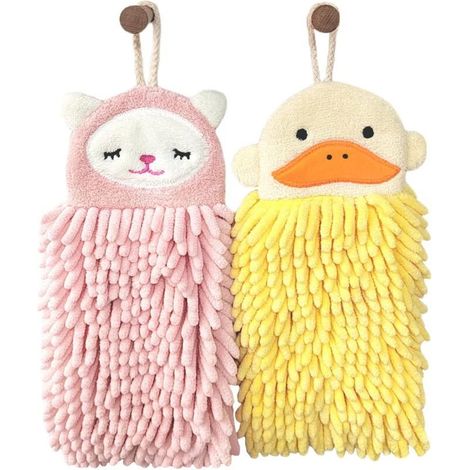 Lot de 2 serviettes pour enfants - Serviette de bain en chenille avec boucle de suspension - Motif animal - Absorbant - Séchage rapide - Pour salle de bain, cuisine - Rose et jaune (1/5)