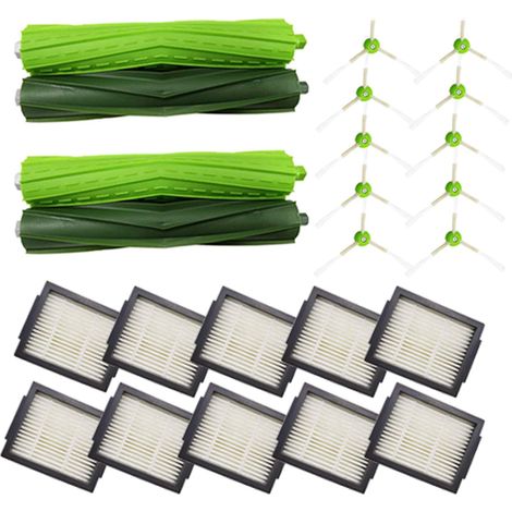 Kit Pièces Détachées Aspirateur Robot - 2 Brosses Rouleaux Caoutchouc Multisurface - 10 Filtres HEPA - 10 Brosses Latérales - Compatible Roomba i3 i4 i6 i7 i8 E5 E6 (1/5)