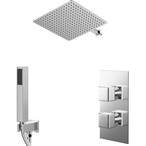 Cubix Polished Chrome Concealed Twin Thermostatic Shower Valve with Diverter and 400mm Square Head with 345mm Wall Arm and Outlet Holder with Kit - 2 Outlet (1/5)