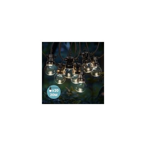 Guirlande lumineuse extérieure 20 m LED blanc chaud – 20 ampoules transparentes – transformateur IP44 – rallonge 3 m pour fêtes