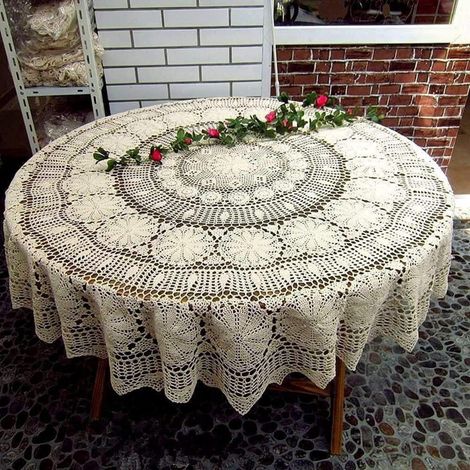 Häkel-Tischdecke 180 cm rund beige Baumwolle Vintage floral Esstisch Abdeckung