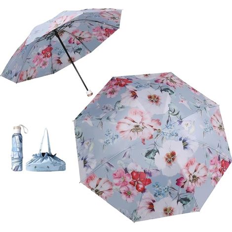 Parasol double couche pliable manuel avec imprimé fleur d'hibiscus bleu, portée 98 cm, protection UV supplémentaire et isolation thermique, hydrofuge avec sac de rangement pour l'été, la plage et un u (1/5)