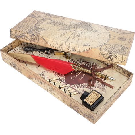 Feather Pen Set Gold Head Dipped Water Vintage Writing Tool Retro Calligraphy GiftRed (1/5)