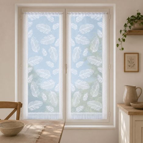 Paire de vitrages frangés en dentelle motif plumes Blanc 60x160 cm (1/2)