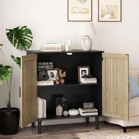 Buffet bas en rotin, 80x40x88 cm, Meuble de rangement pour salon salle à manger entrée, Style bohème cannage 2 portes MDF, Noir (1/5)