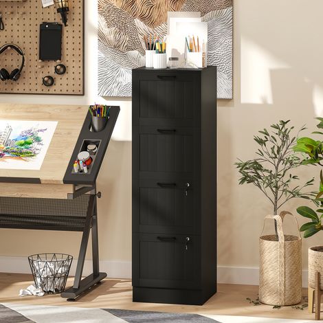Büroschrank, Holzschrank mit 4 Schubladen und Schloss, verstellbare Kleiderstangen, 40 x 40 x 131 cm, schwarz