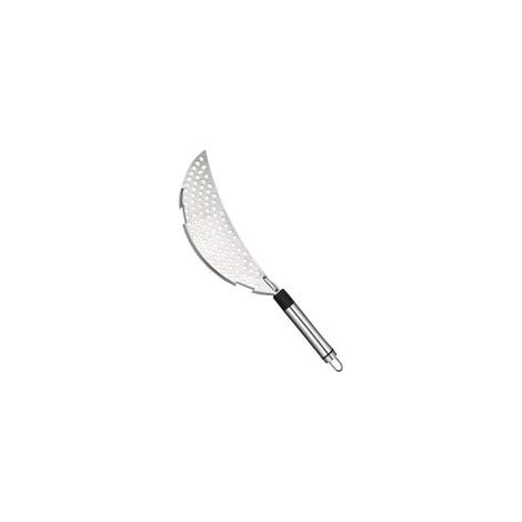 Colador de cocina de acero inoxidable en forma de media luna con mango, muy duradero y compatible con la mayoría de ollas y sartenes (caja blanca plegable). - Crezuo