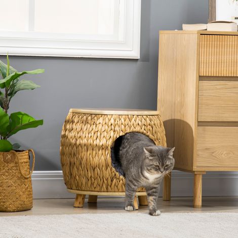 Cuccia per gatti Pawhut realizzata in giacinto d'acqua, cuscino lavabile, 44 cm x 43 cm x 42 cm, marrone chiaro + legno naturale + grigio (1/5)