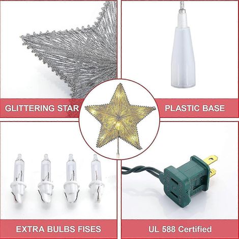 Étoile lumineuse pour sapin de Noël, 25 cm, décoration pailletée avec 10 LED blanc chaud