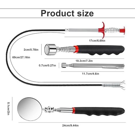 Telescopic Magnet, Telescopic Claw, Magnetic Telescopic Rod with Telescopic Mirror, Flexible and Retractable, for Tool Taking, Maintenance, Inspection (1/4)