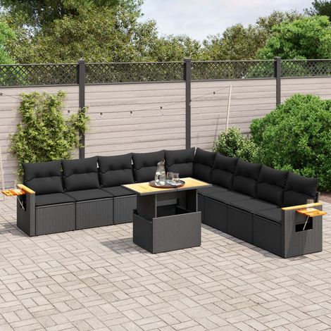 Set de sofás de jardín 11 pzas y cojines ratán sintético negro vidaXL (1/3)