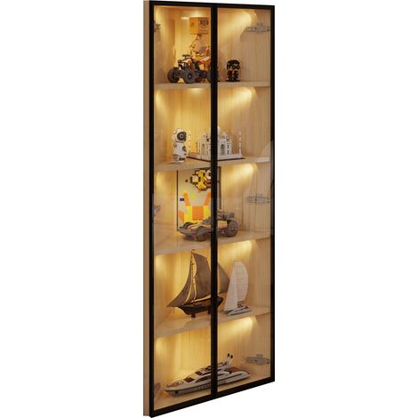 Vitrine d’Angle avec 2 Portes et LED, Style Moderne, pour Salon, en MDF et Verre Trempé, 62×35×160 cm, Chêne (1/5)
