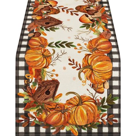 Table Runner - Buffalo Check Plaid - Fall Thanksgiving Decor with Pumpkins Birdhouse Maple Leaves - 33x120 cm or 33x183 cm - Linen (1/5)