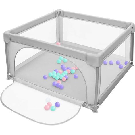 Parc Bébé - 120 x 120 x 66 cm - Maille Respirante - Intérieur Extérieur - 50 Boules Océaniques - Gris Clair