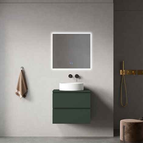 Mobile bagno sospeso 60 cm Verde Comodoro per Lavabo d'appoggio Specchio Quadro Retroilluminato - Fiji Paint Top