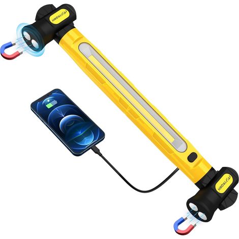 Lampe de travail 3200LM LED, 6000mAh rechargeable, portable, magnétique, lumière d'urgence avec crochets pour réparation de voiture, garage, atelier, camping, jaune (1/5)