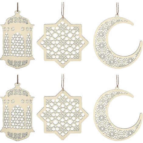 6-teiliges Holzanhänger-Ornament Ramadan Kareem Dekoration Mond Stern Windlicht Form Anhänger Mubarak Eid Ornament A (1/5)
