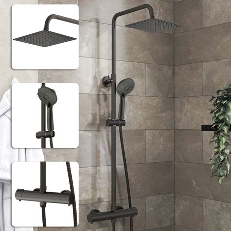 Acezanble Bathroom Thermostatic Mixer Shower Set Round Matte Black Twin Head Exposed Valve