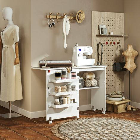 Table de couture pliante meuble couture à abattant avec bacs de rangement, étagère ouverte et roulettes, blanc (1/5)