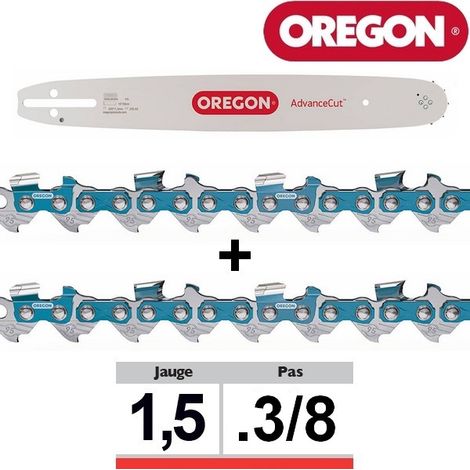 Oregon – Kit combo guide et chaînes pour tronçonneuse 45cm – 2 chaînes 68 maillons 3/8' – Pour bois dur et teck – Installation rapide et facile
