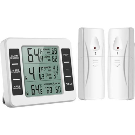 1 Thermomètre sans Fil, 2 Capteurs, Alarme Sonore, Min/Max, Écran LCD, Réfrigérateur Congélateur Intérieur Extérieur (1/3)