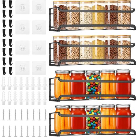 Lot de 4 étagères à épices murales sans perçage en métal - Étagère de cuisine autocollante ou vissable - Étagère suspendue pour le rangement de cuisine (1/5)