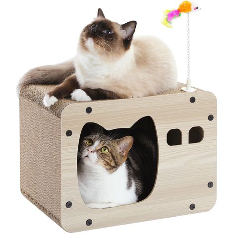 Maison de chat en carton avec griffoir et jouet ressort, abri pour chat et griffoir, espace de détente pour félin (1/5)