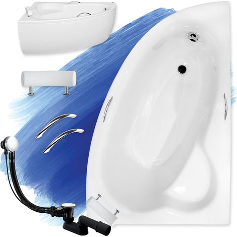 Badewanne Eckbadewanne 150x100 Rechts mit AcrylSchürze + Handgriffen + Kopfstütze, Ablauf & Füße GRATIS, SET 6in1 - BADLAND NATALIA PREMIUM (1/5)