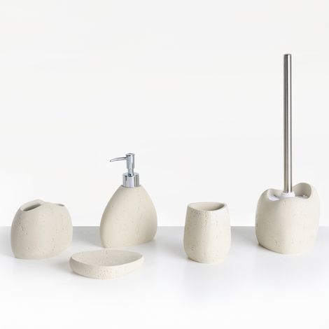 Conjunto de accesorios de baño jabonera dispensador de jabón escobilla para el inodoro vaso soporte para cepillos de dientes beige claro Coata