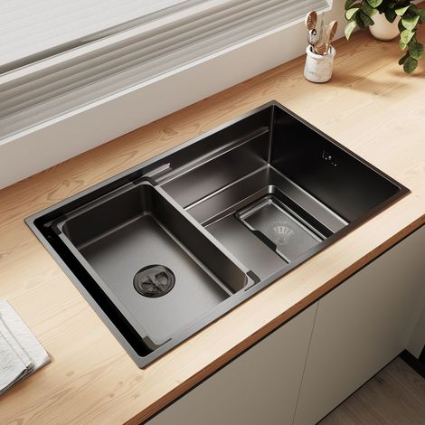 SIRHONA Évier 1 bac inox 304 noir à bord étroit, finition 3D grains de riz, dimensions 70x44 cm, égouttoir et grille inclus profondeur 22.4 cm