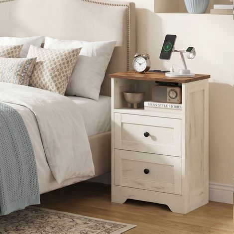 Table de Chevet avec Prise et Ports USB, 2 Tiroirs, Style Ferme, 40 x 30 x 59 cm, Blanc et Brun