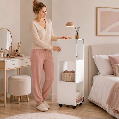 Caisson de bureau à roulettes avec 3 compartiments ouverts, étagère pour imprimante, meuble de rangement blanc en panneau de particules, 4 roues dont 2 avec frein - CHICFURN (1/5)