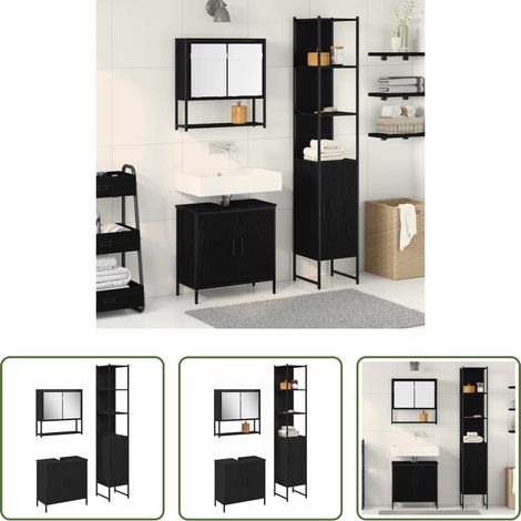 vidaXL Spiegelschrank - Badezimmermöbel-Set mit Regal 3 pcs Schwarz Holzwerkstoff (1/5)