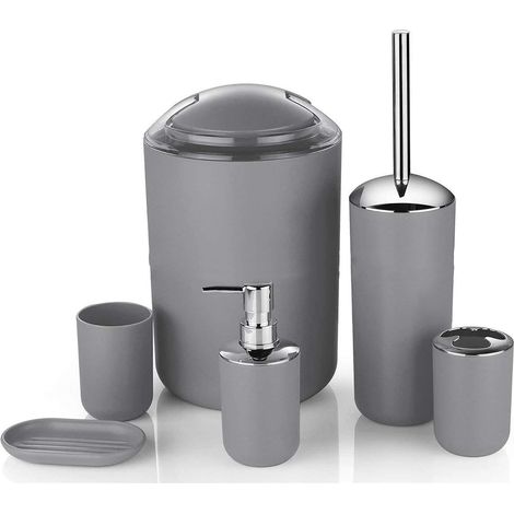 Juego de accesorios de baño modernos en color gris, 6 piezas, frascos de loción, jabonera.