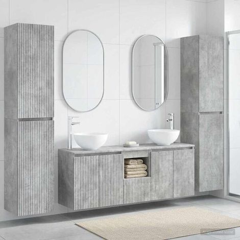 Ensemble Salle De Bain 5 Pièces Gris Béton, Lavabo Et Robinet Inclus, Mural (1/4)