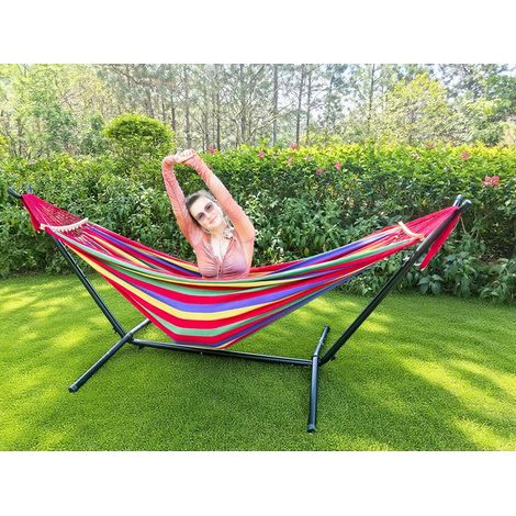 Doppelhängematte für 2 Personen, 220 x 160 cm, mit Stahlrahmen und abnehmbarer Spreizstange, Tragkraft 226,8 kg, Hängematte aus Baumwoll-Canvas für Terrasse, Veranda, Garten, Hof, Außenbereich und