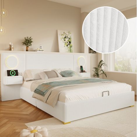 Letto contenitore 180x200 cm in velluto beige con LED e USB, senza materasso – MEUBLIV (1/5)