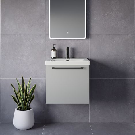 Napoli 390 Gloss Grey Pearl 500mm Wall Mounted Single Drawer Vanity Unit with Glide Basin - 500mm - Matt Black 320mm Handle
