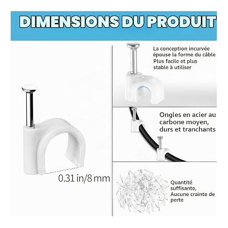 Cavalier Cable Electrique : Blanc Format Rectangulaire 8Mm. Pour Fixation Câbles Électriques Muraux. Attaches Et Clips Organisation Fils. (1/4)