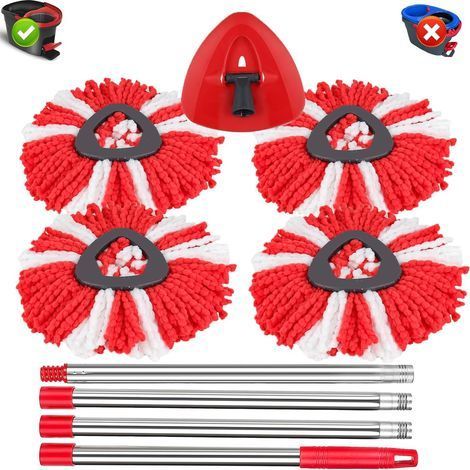 Lot de 6 Serpillère, 4 Tête Microfibre Rouge, 1 Base Balai, 1 Manche 148cm, Compatible Vileda Turbo Smart (1/5)