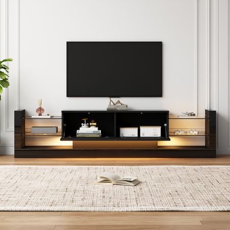 Meuble TV LED 181x38x38 cm pour TV 80 pouces avec façade Verre et 2 abattants Panneau de particules Noir (1/5)