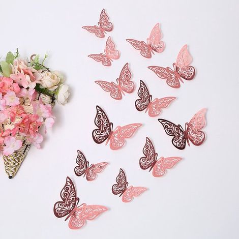 48 pegatinas de pared 3D de mariposas, pegatinas artísticas para manualidades, pegatinas decorativas de pared removibles, Oro rosa (1/5)