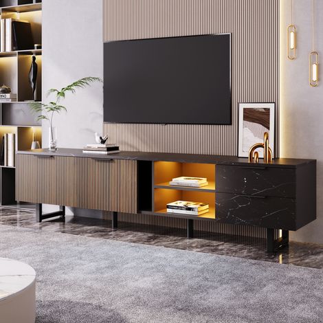 Meuble TV avec 2 Portes, 2 Tiroirs et LED Multicolore, Effet Marbre Noir, en MDF, Noir et Bois, 200×38×50 cm (1/5)