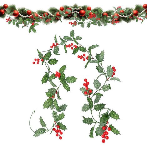 Weihnachtsgirlande künstlich mit roten Beeren, Tannengirlande für Innen & Außen