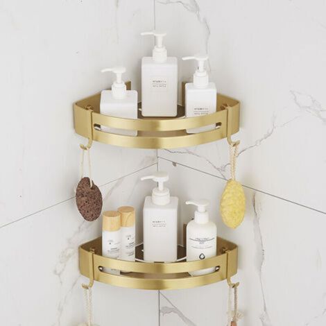 No Drilling Shower Shelf, Corner Bathroom Shelf, Bathroom Shelf with 4 Hooks, Rustproof Metal Shower Storage Basket, Adhesive Wall Shelf (Shiny Gold, 2 Tiers) (1/5)