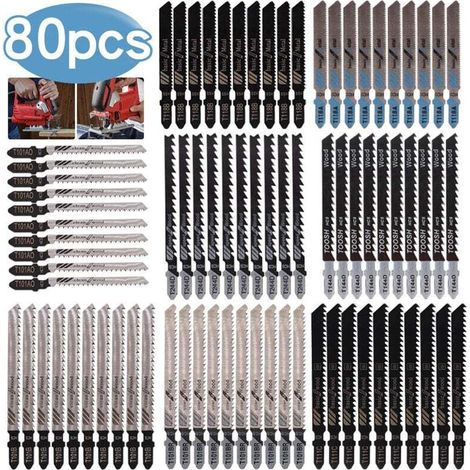 80pcs Lames de Scie Sauteuse à Tige en T , Fabriquées en HCS/HSS, avec étui de rangement pour la coupe du bois, du plastique et du métal