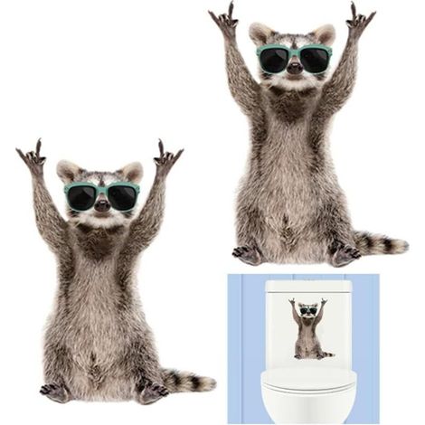 Autocollants 3D raton laveur, 2 pièces mignon raton laveur décoration de foyer de toilette autocollant mural de salle de bain imperméable amovible affiche murale d'animal de voiture (1/5)