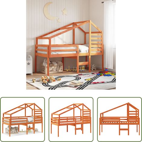 Kieferholz Bett -  Hochbett mit Dach Wachsbraun 75x190 cm Massivholz Kiefer