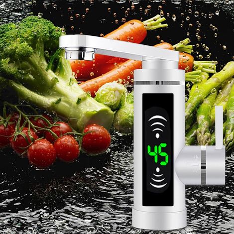 Robinet de chauffage électrique - 3000 W - Avec chauffe-eau instantané - LED - Pivotant à 360° - Robinet d'évier à levier unique - Pour cuisine, salle de bain - Blanc (1/5)