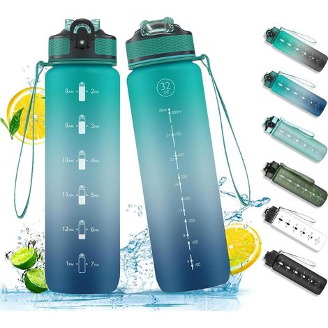 Sport-Wasserflasche 1L mit Strohhalm, Zeitmarkierungen, auslaufsicher, BPA-frei, Tritan (1/5)